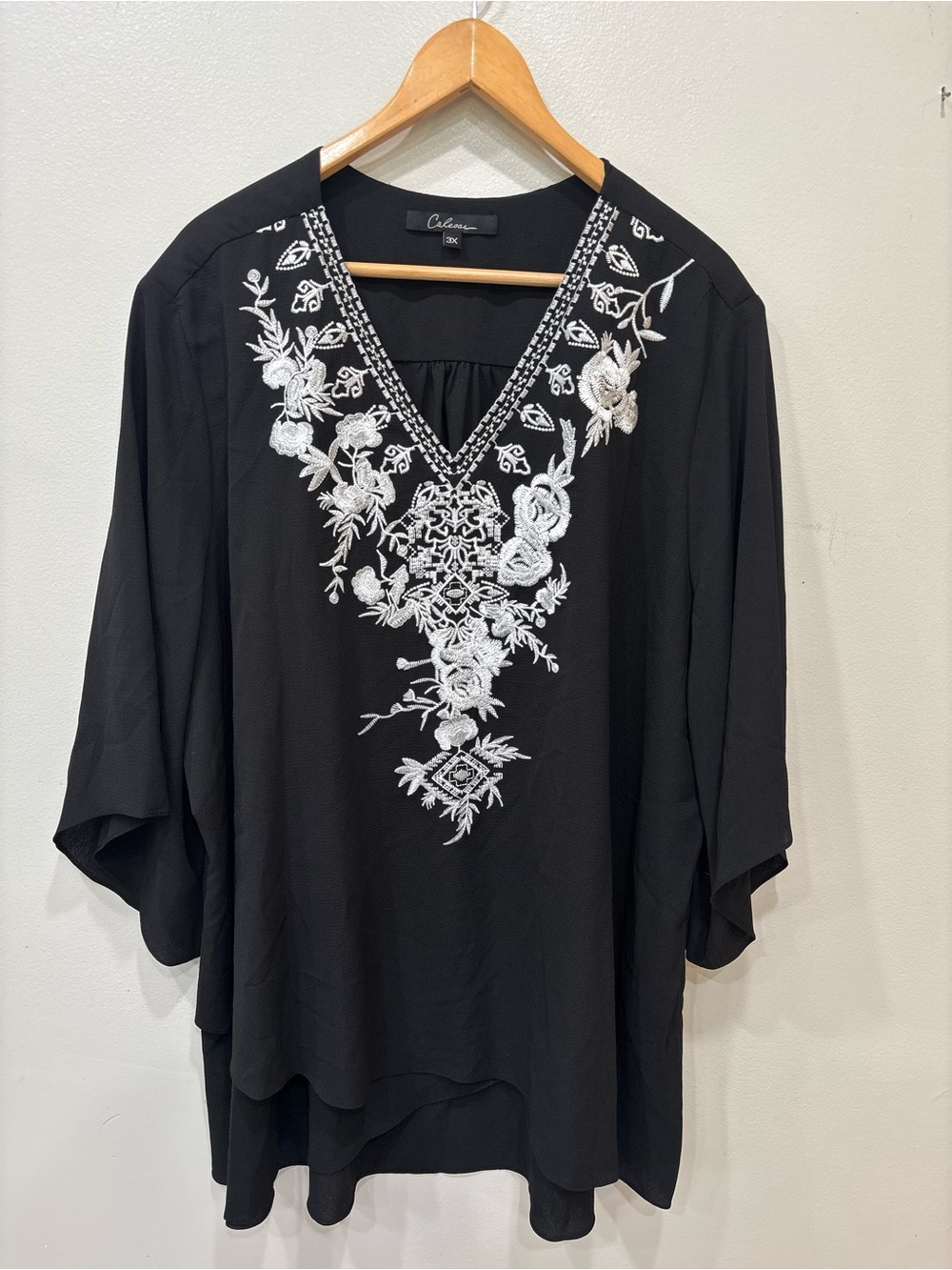 Calessa Embroidered V- Neck Floral Black Top Women’s Plus Size 3X